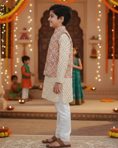 Peach Paisley printed Jacket with Kurta -Pyjama