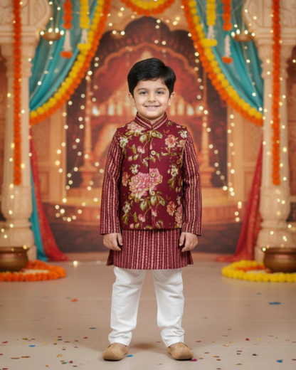 Mehroon Fulwari Jacket with Kurta -Pyjama ( Tie and Dye)