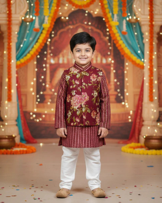 Mehroon Fulwari Jacket with Kurta -Pyjama ( Tie and Dye)