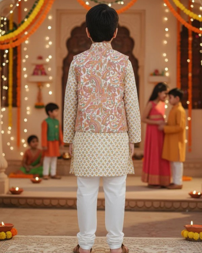 Peach Paisley printed Jacket with Kurta -Pyjama