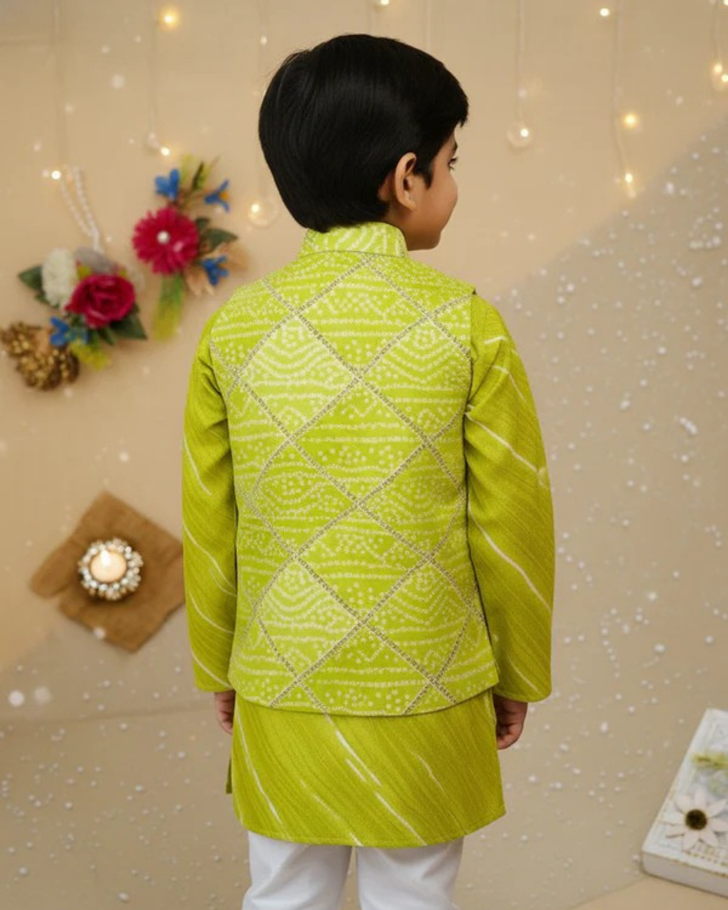 Parrot Green Bandhej Kurta and Jacket with Pyjama (Tie and Dye)