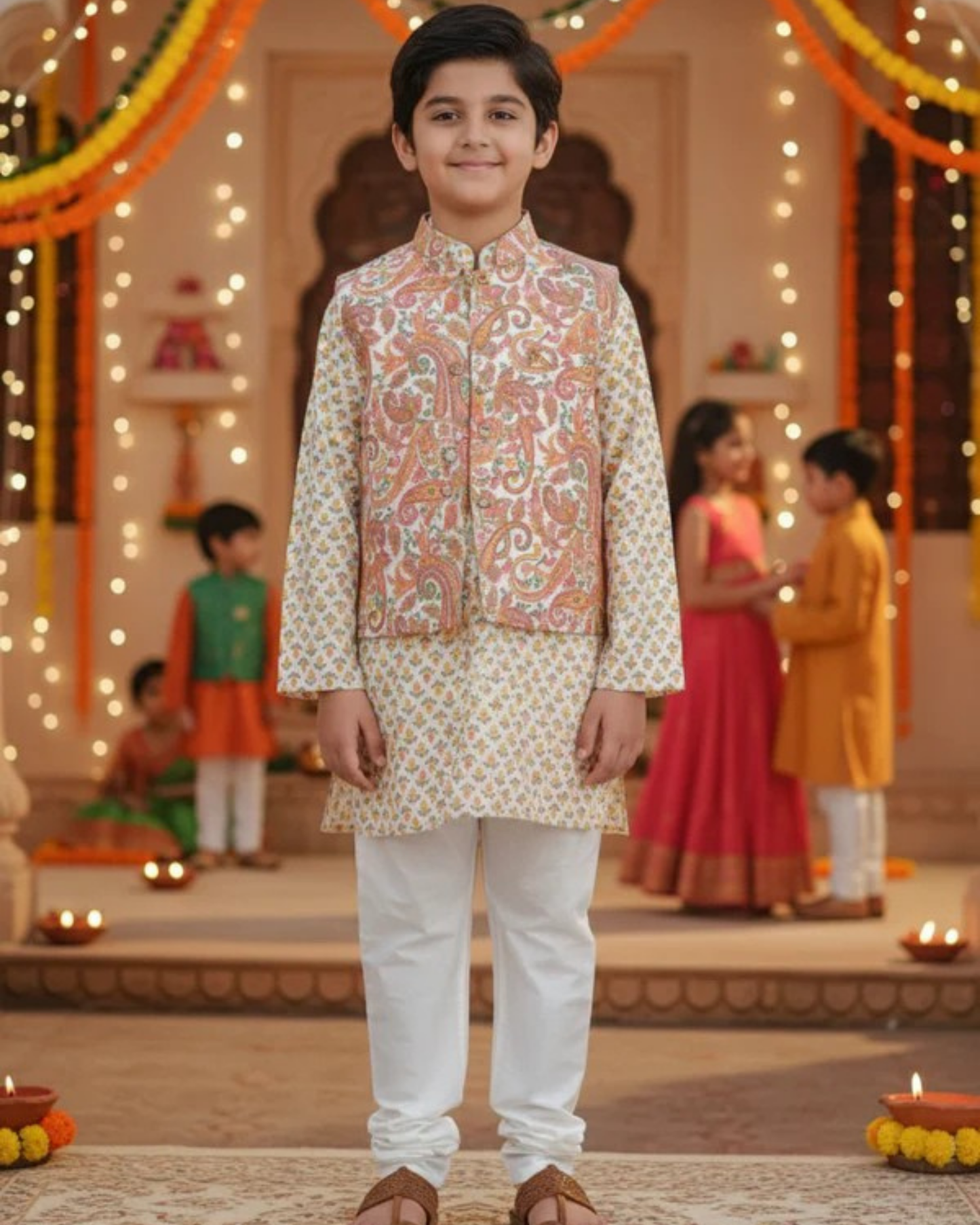 Peach Paisley printed Jacket with Kurta -Pyjama