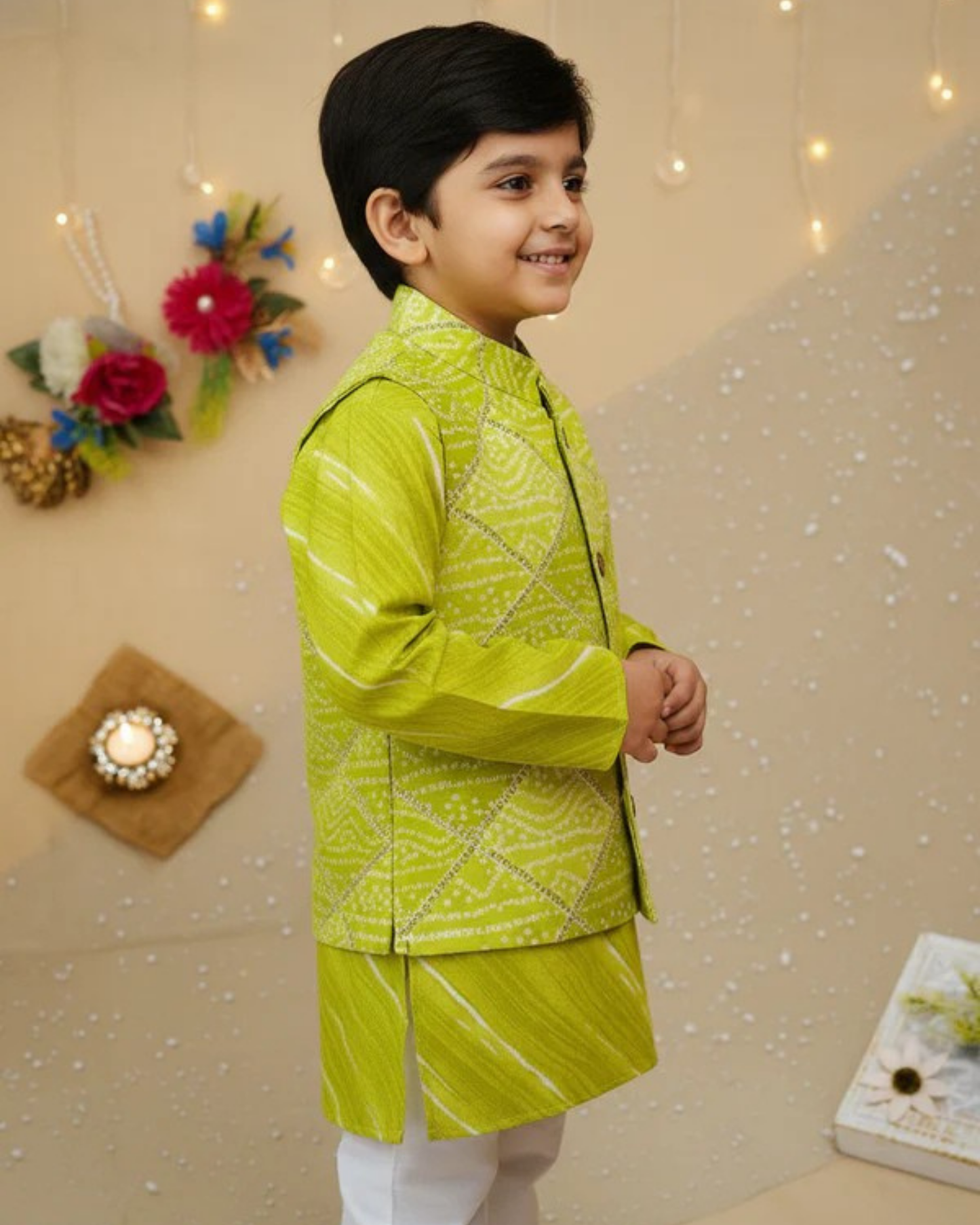 Parrot Green Bandhej Kurta and Jacket with Pyjama (Tie and Dye)