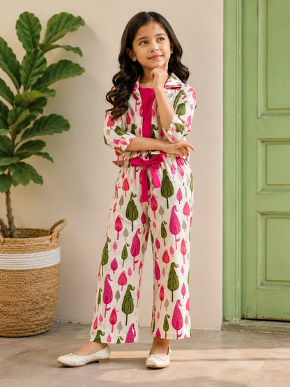 Blue Block Printed 3 Piece Girls Co-Ords