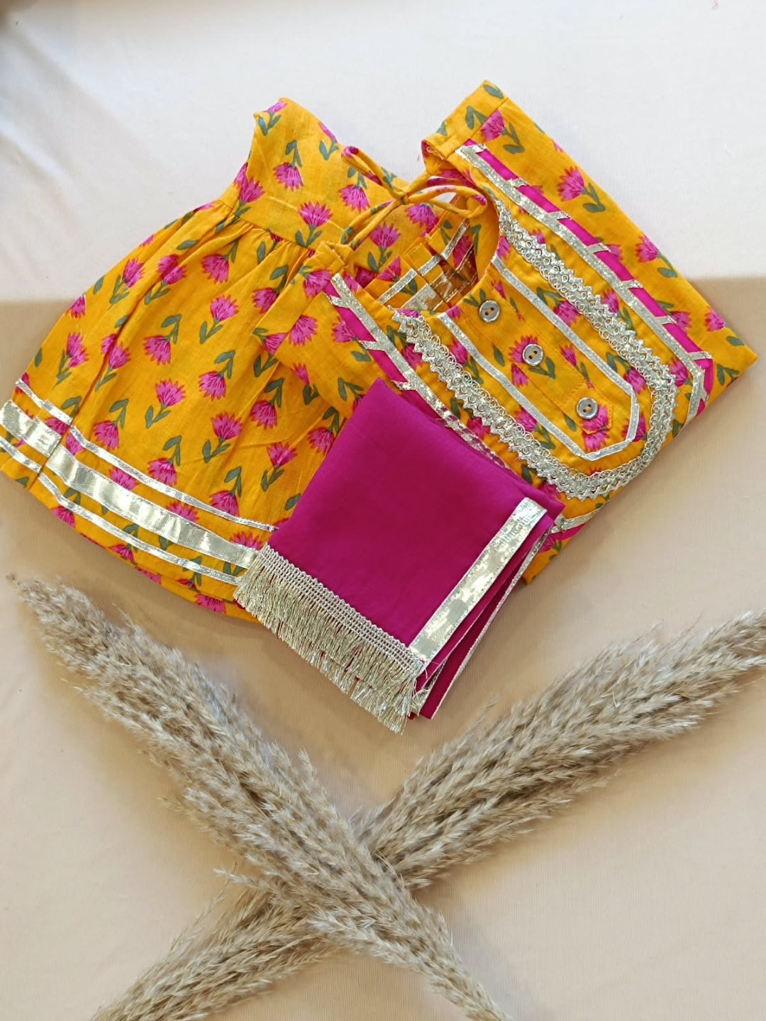 Screen Printed Yellow Kurta With Sharara Set