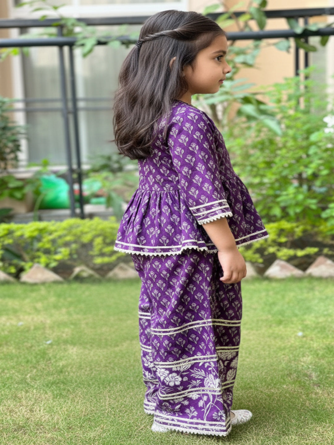 Purple and Blue Floral Printed Gathered Kurta with Palazzo