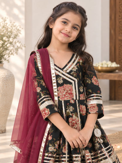 Black Floral Printed Girls Flare Suit Set
