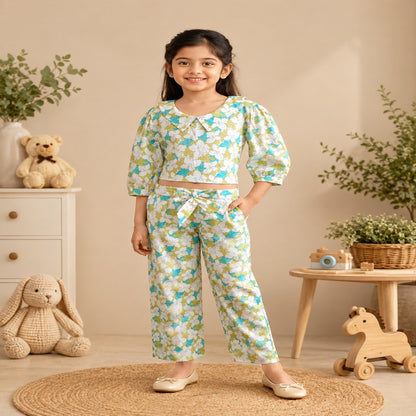 White Flower Printed Girls Co-Ords