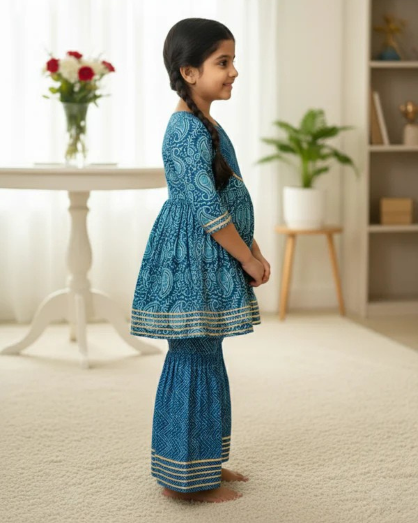 Block Printed Blue Colour Anarkali Suit with Sharara
