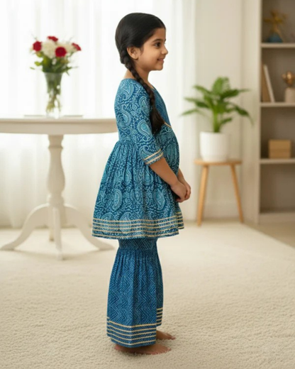 Block Printed Blue Colour Anarkali Suit with Sharara