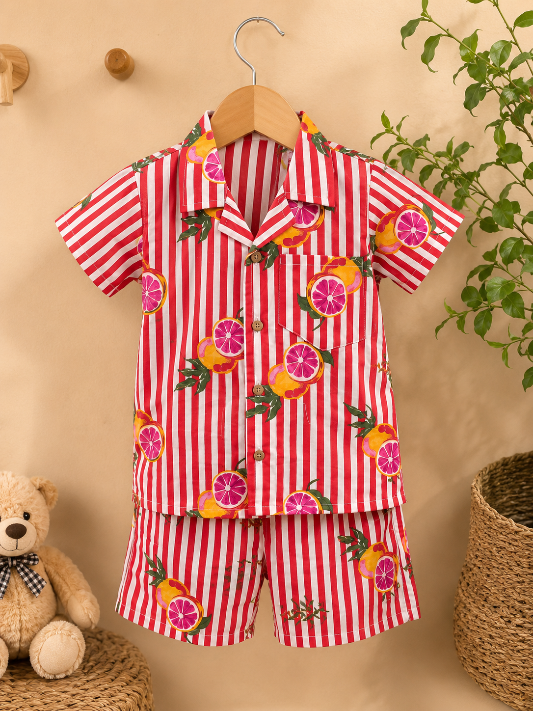 Boys' Striped Quirky Fruit Print Co-ord Set. Handcrafted Cambric Cotton Half Sleeve Shirt & Shorts Set for Comfortable Casual Wear