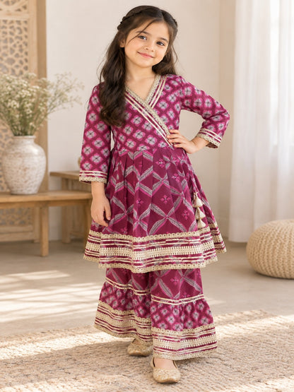 Jaal Butta  Print Wine Coloured Anarkali Suit with Sharara
