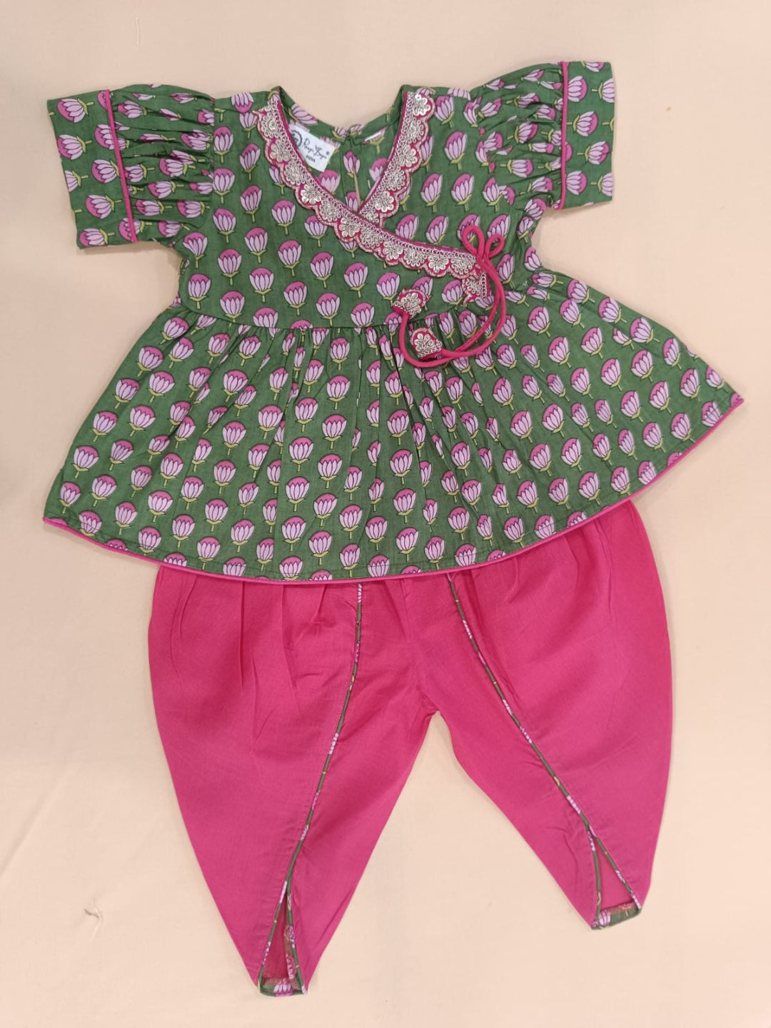 Girls  Lotus Buti Angrakha Kurti with Tulip Pant