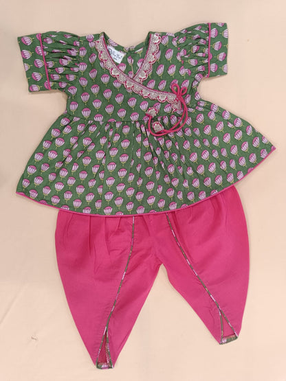 Girls  Lotus Buti Angrakha Kurti with Tulip Pant