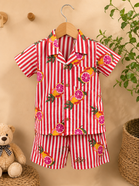 Red Striped-quirky-fruit  printed Cord-Set  for boys