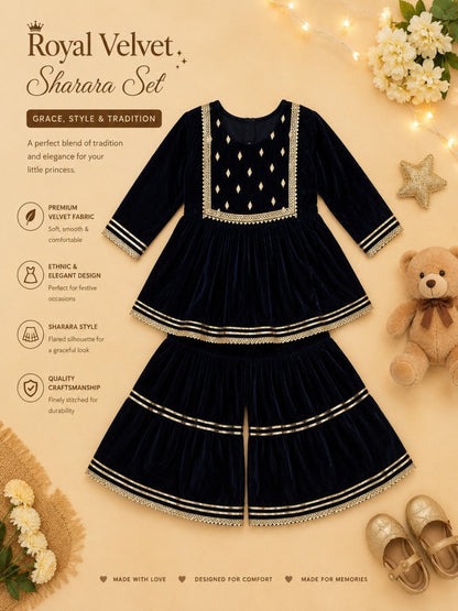 Blue Coloured Mirror-Embroidery Velvet  Kurti With Sharara