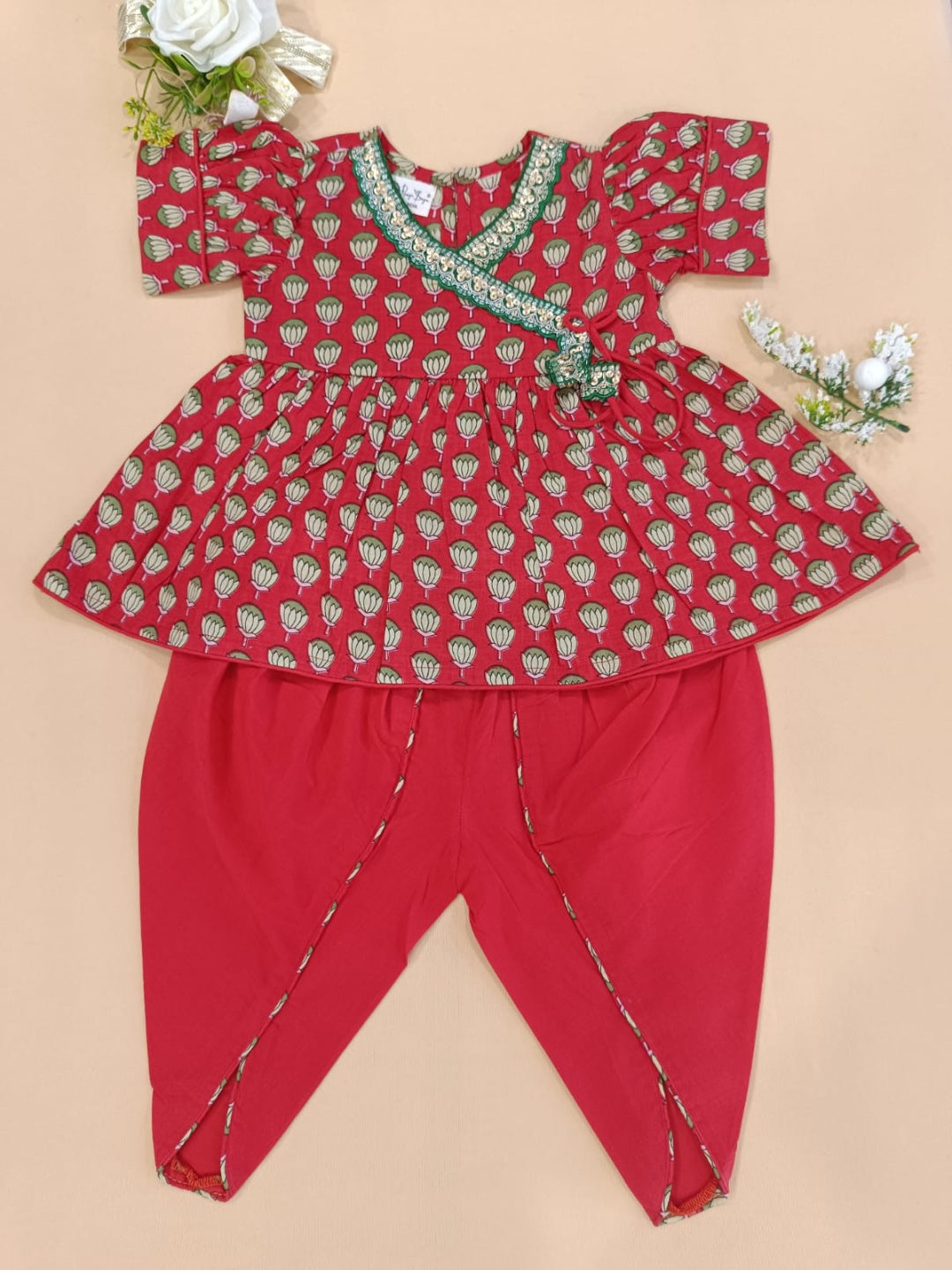 Red Lotus Buti Angrakha Kurti with Tulip Pant