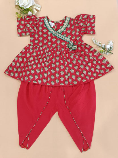 Red Lotus Buti Angrakha Kurti with Tulip Pant