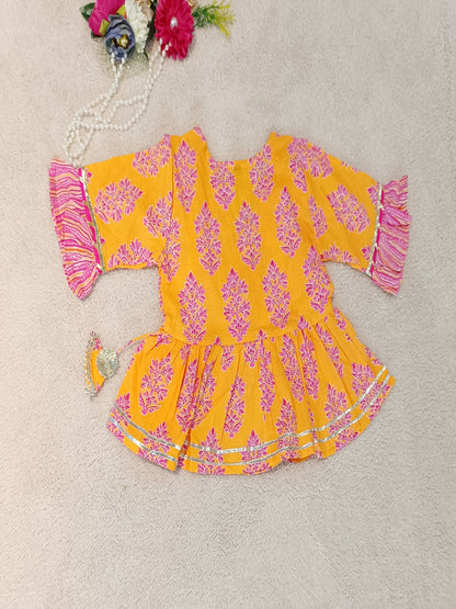Block Printed Yellow & Pink Coloured Anarkali Suit with Sharara