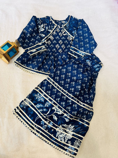 Blue Floral Printed  Gathered Kurta with Palazzo