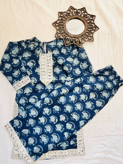 Blue Block Printed Straight Kurta with Palazzo