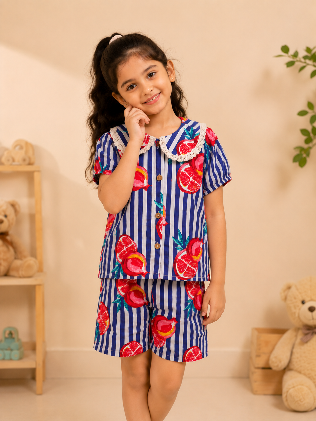 Striped-quirky-fruit  printed Cord-Set  for Girls