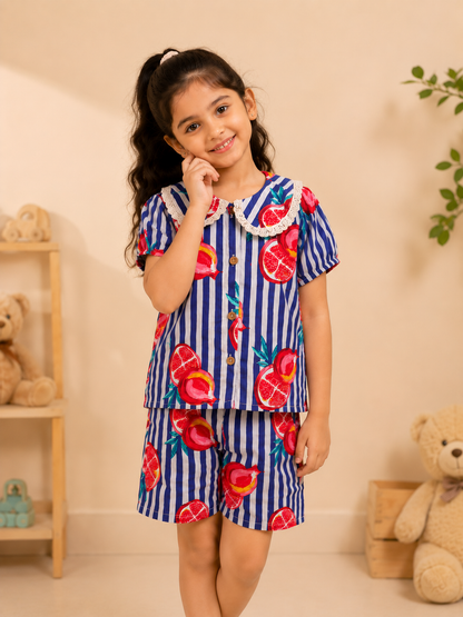 Striped-quirky-fruit  printed Cord-Set  for Girls