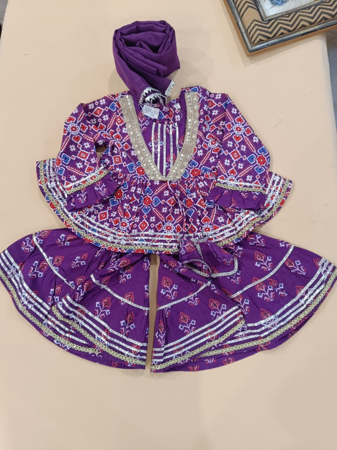 Purpel Patola Printed Cambric Cotton Kurti Sharara Set with Dupatta