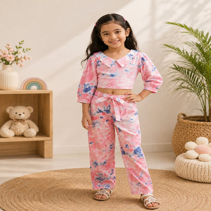 Marble Tie & Dye Print Peach Colour Girls Co-Ords