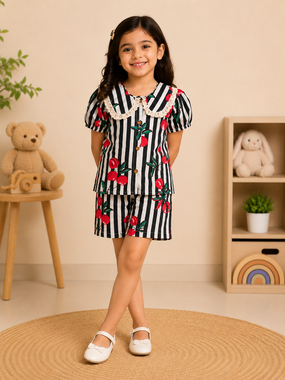 Striped-quirky-fruit  printed Cord-Set  for Girls