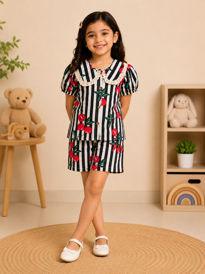 Striped-quirky-fruit  printed Cord-Set  for Girls