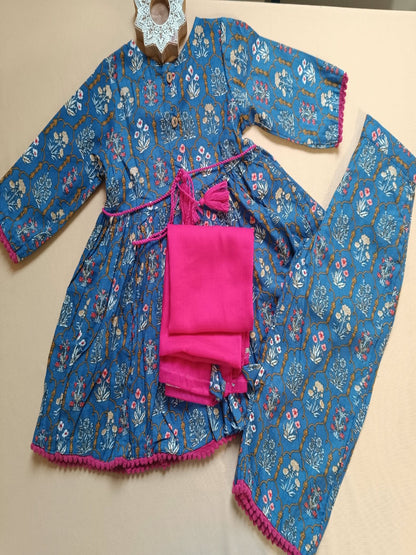 Navy Blue ColourMughal Boota, screen printed Girls Flare Suit Set
