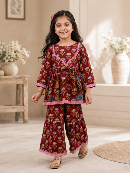 Floral Gathered Maroon Kurta With Sharara Set
