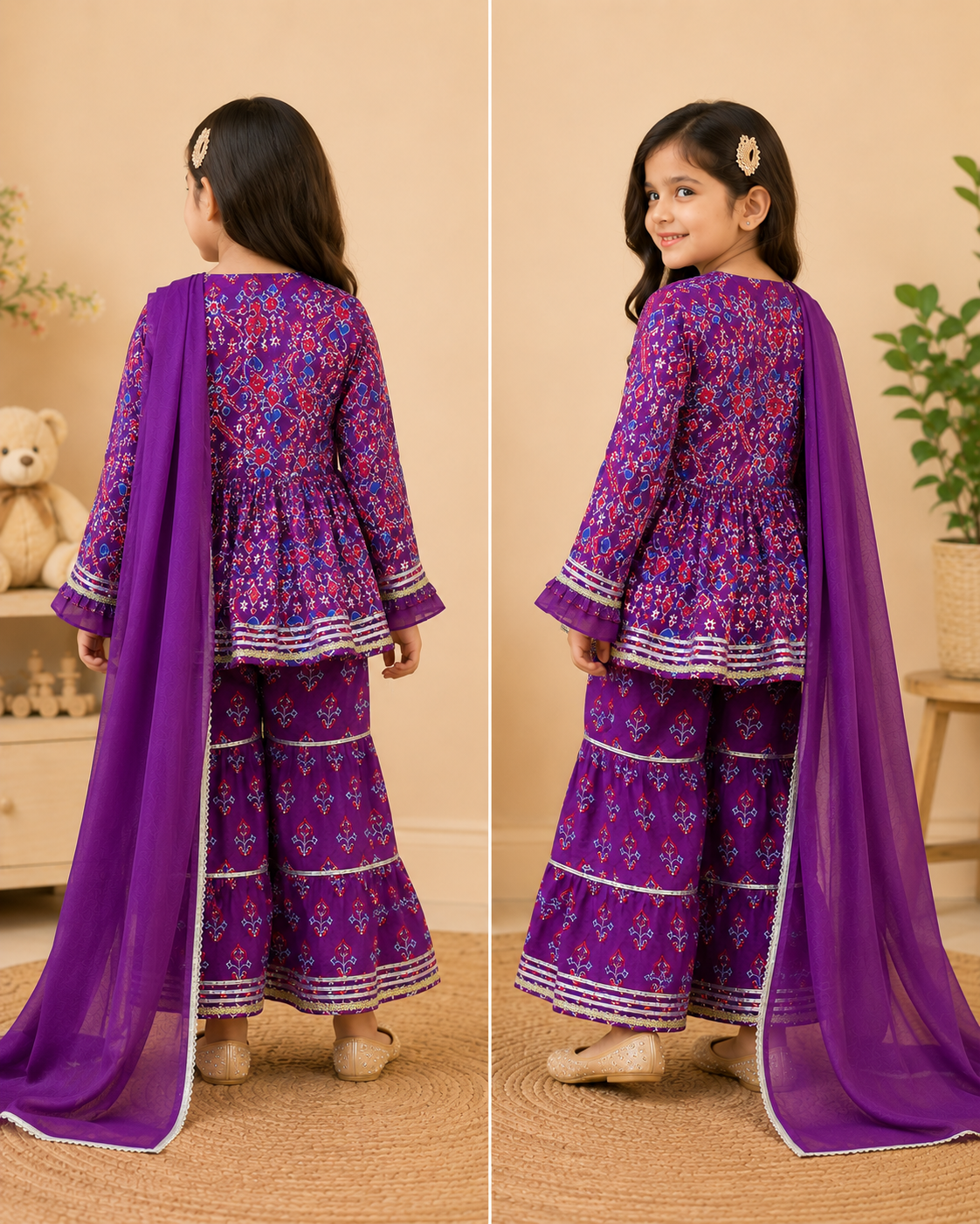 Girls Patola Printed Cambric Cotton Kurti Sharara Set with Dupatta