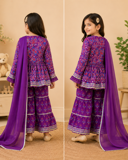 Girls Patola Printed Cambric Cotton Kurti Sharara Set with Dupatta