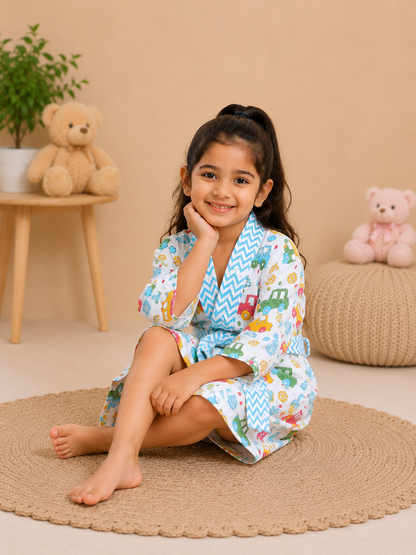 Girls Cotton Waffle Bathrobe with Cute Giraffe and  car Print & Belt