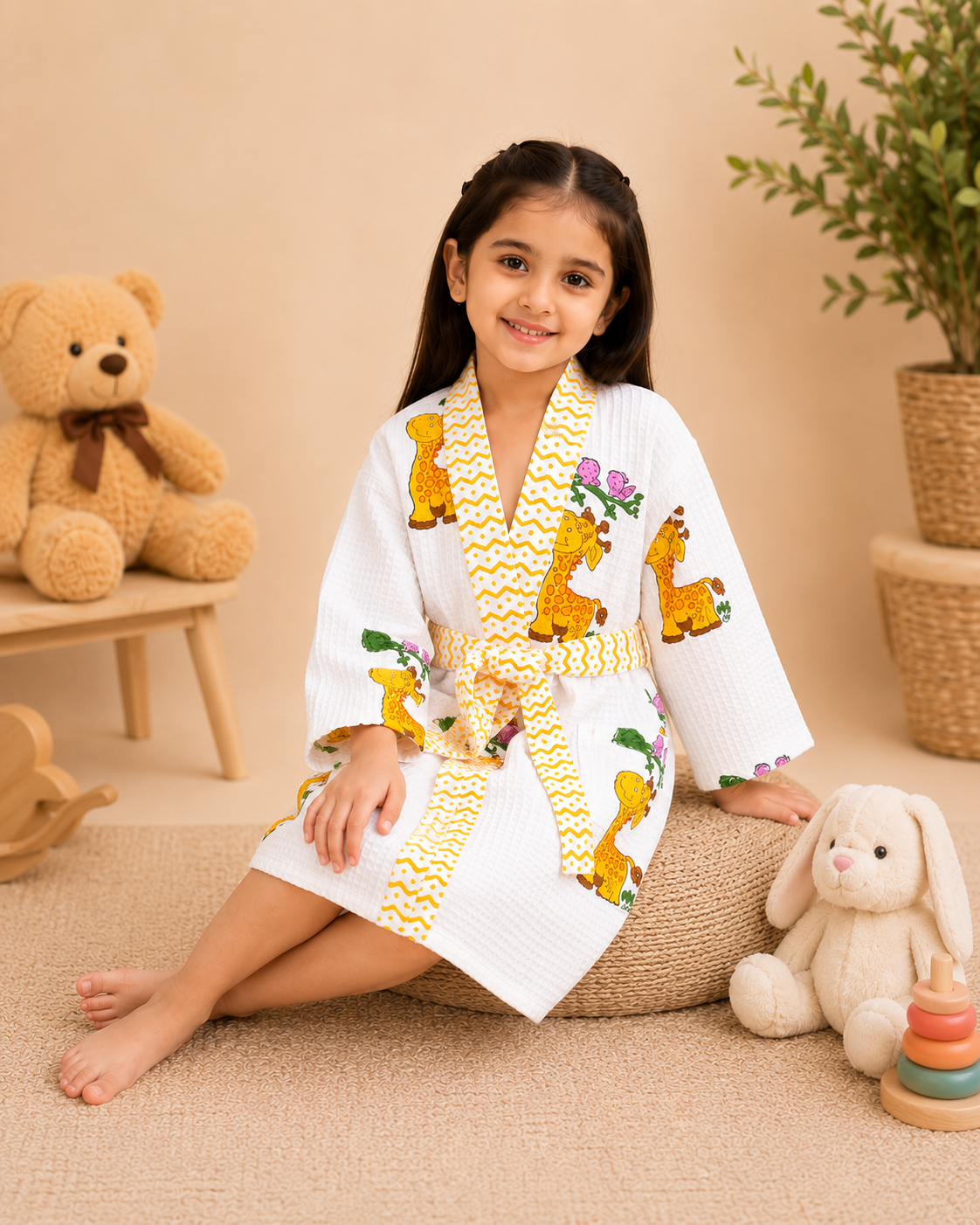 Girls Cotton Waffle Bathrobe with Cute Giraffe and  car Print & Belt