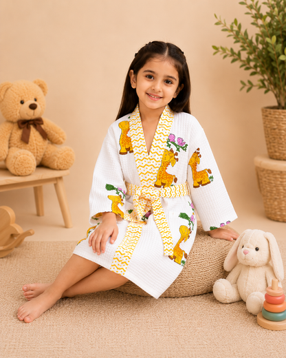 Girls Cotton Waffle Bathrobe with Cute Giraffe and  car Print & Belt