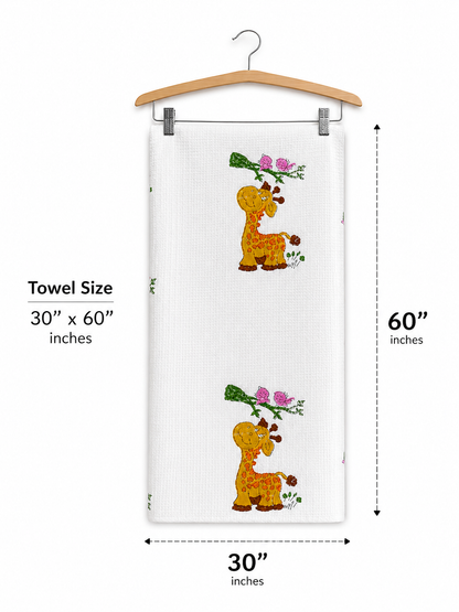 Kids White Waffle Cotton Bath Towel with Cute Giraffe Print