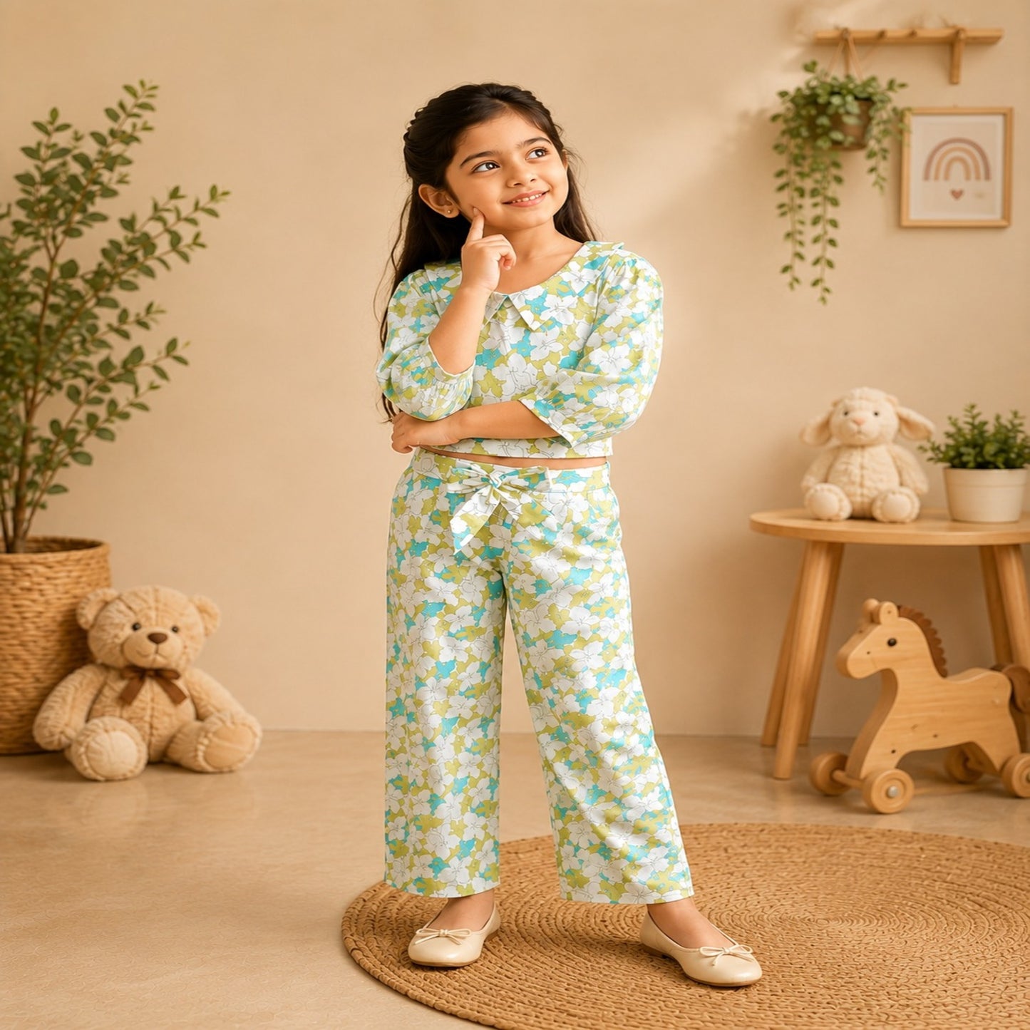 White Flower Printed Girls Co-Ords
