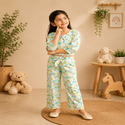 White Flower Printed Girls Co-Ords