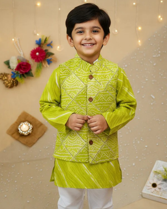 Parrot Green Bandhej Kurta and Jacket with Pyjama (Tie and Dye)
