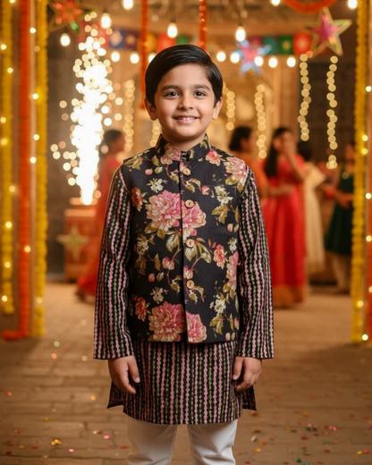 Royal Blue Fulwari Print Jacket with Kurta-Pyjama