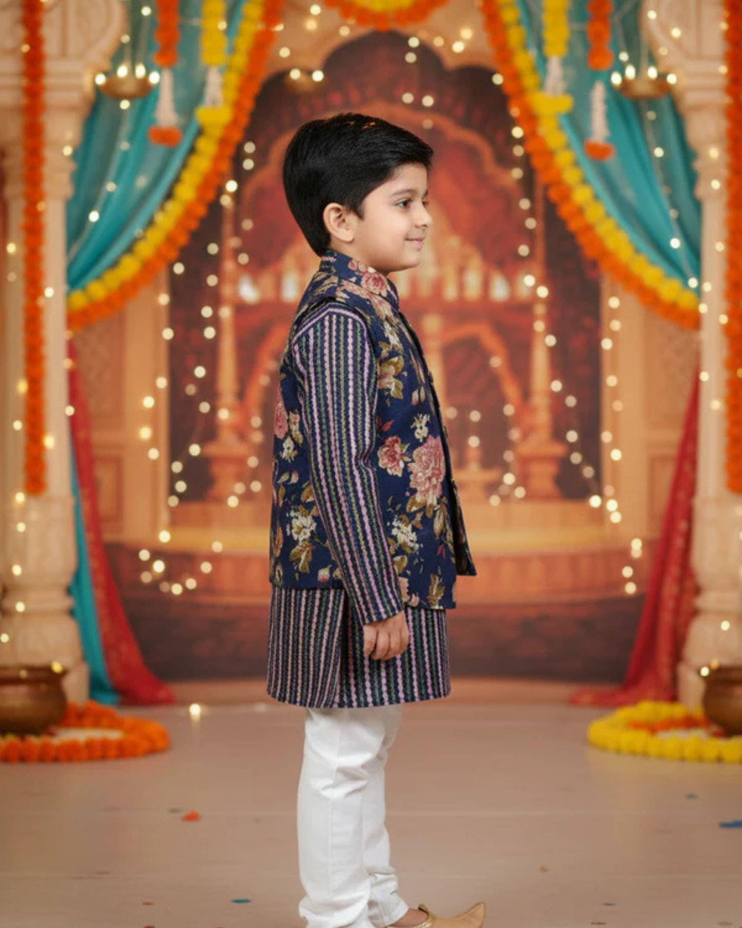 Royal Blue Fulwari Print Jacket with Kurta-Pyjama