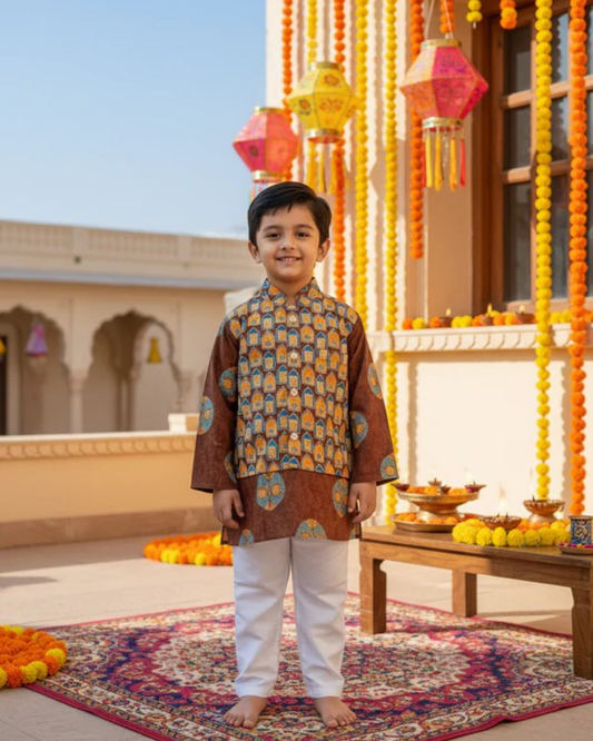 Brown Ajrakh Jacket with Kurta -Pyjama