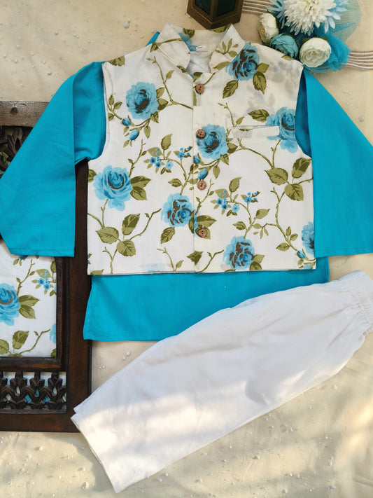 Sky Blue Rose Jacket with Kurta -Pyjama