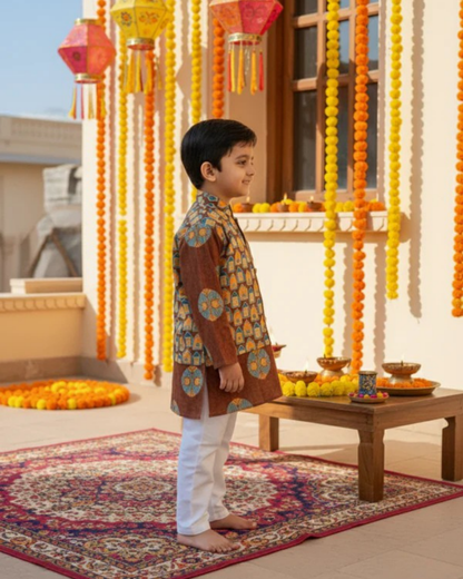 Brown Ajrakh Jacket with Kurta -Pyjama
