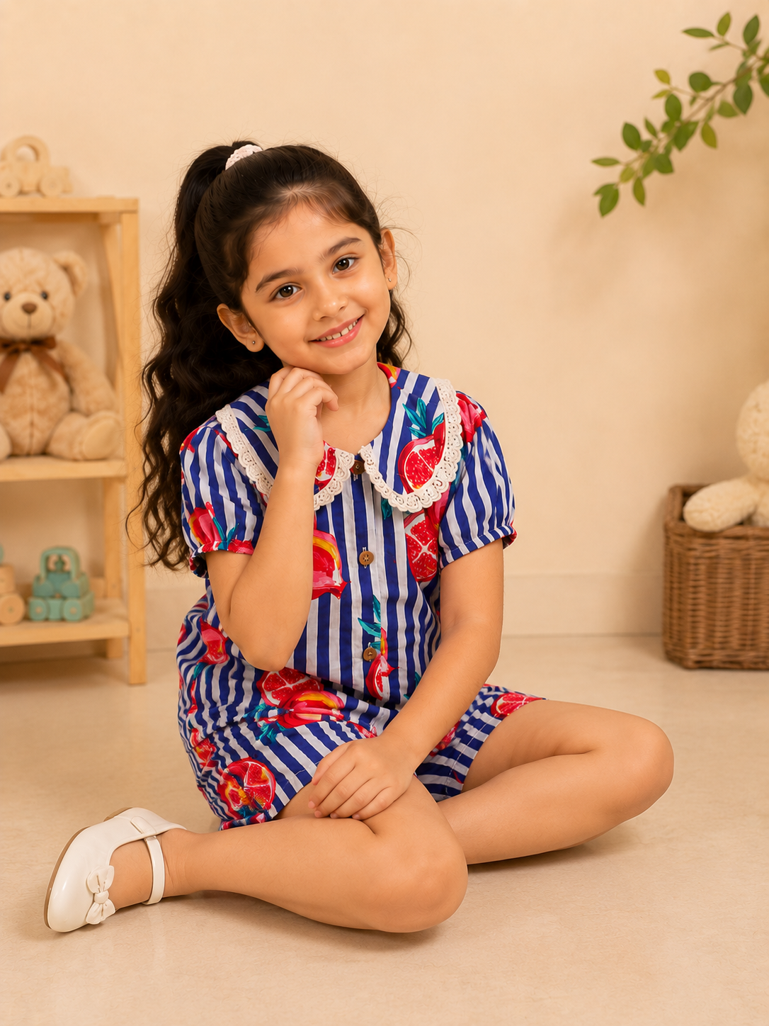 Striped-quirky-fruit  printed Cord-Set  for Girls