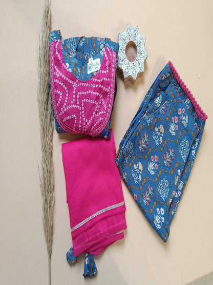 Navy Blue ColourMughal Boota, screen printed Girls Flare Suit Set
