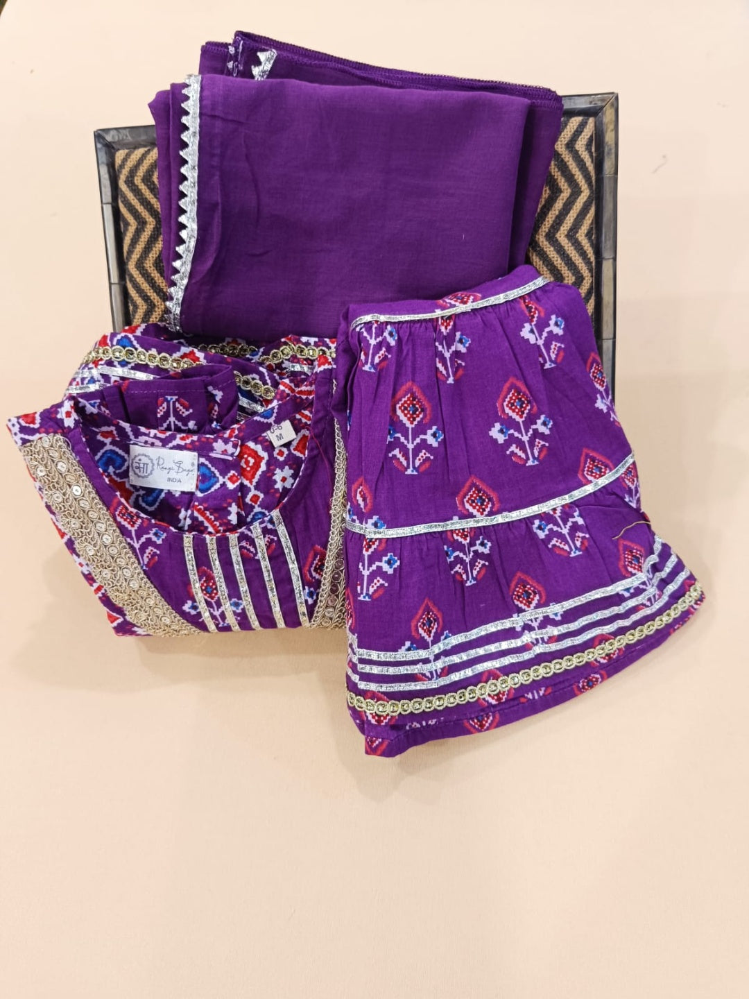 Purpel Patola Printed Cambric Cotton Kurti Sharara Set with Dupatta